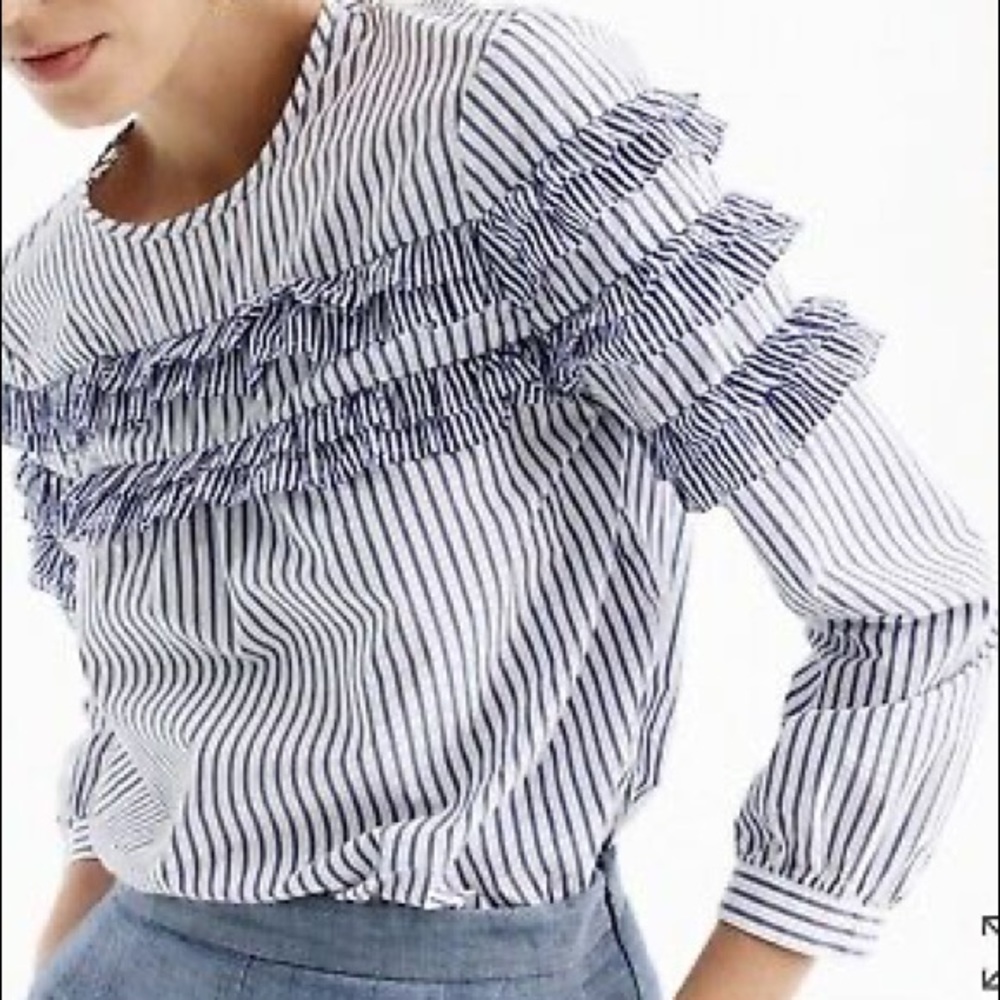 J Crew striped ruffle tiered top long sleeves crew‎ neck